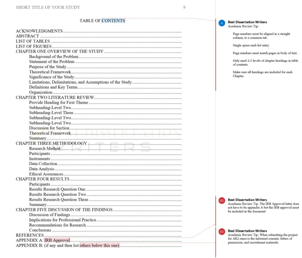 Table of Contents in Dissertation Template