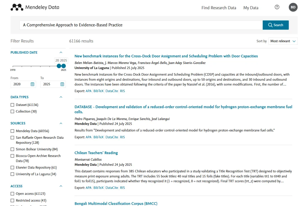 Mendeley Data Search Page