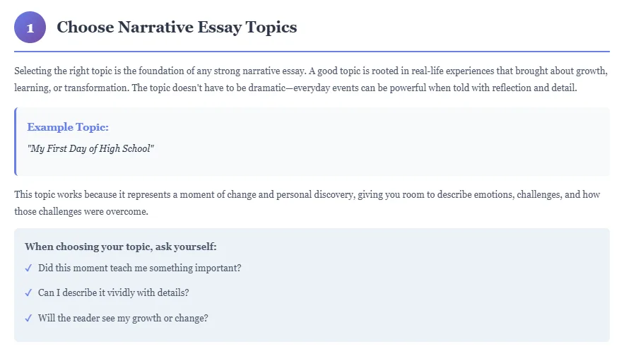 Step 1 in narrative essay writing process