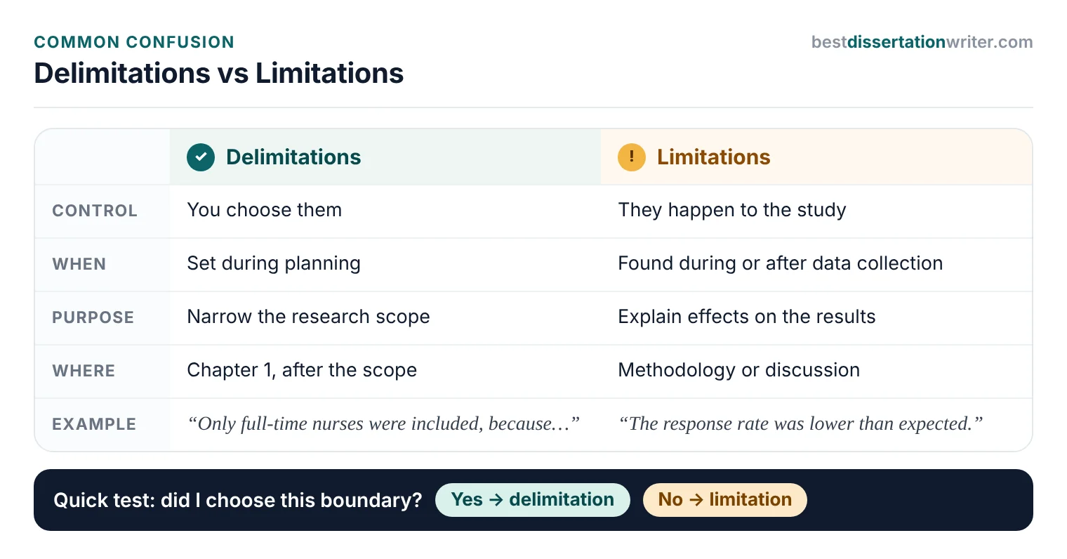 Delimitations vs limitations comparison chart: delimitations are deliberate choices within the researcher's control, limitations are constraints outside it