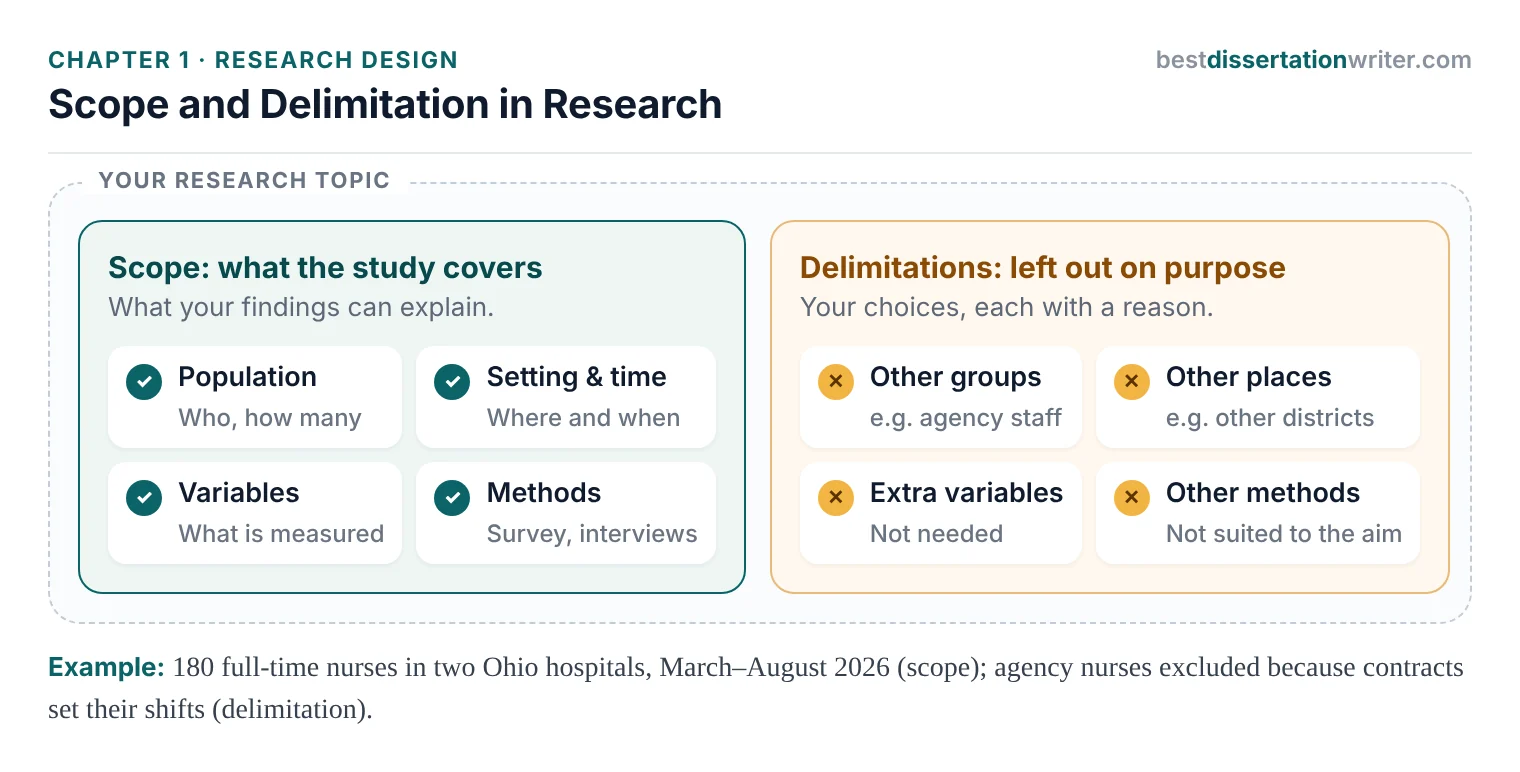 Scope and delimitation in research diagram showing the wider research topic, the clearly defined scope a study covers, and the delimitations that are deliberately excluded